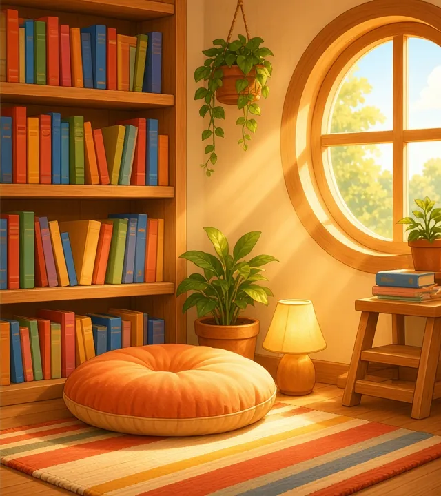 Illustrated cozy kids library corner with wooden bookshelves, a round sunny window, a reading cushion and a striped rug
