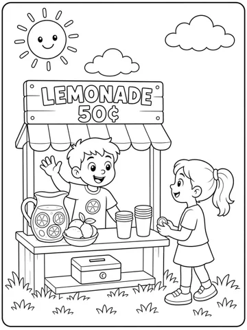 Preview of the free Lemonade Stand coloring page: a kid selling lemonade to a friend